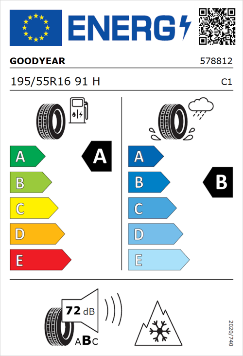 Tyre Label for Goodyear Vector 4Seasons Gen-3 195/55R16 91H