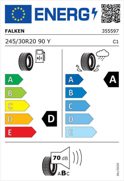 Tyre Label for Falken Azenis FK520 245/30R20 90Y