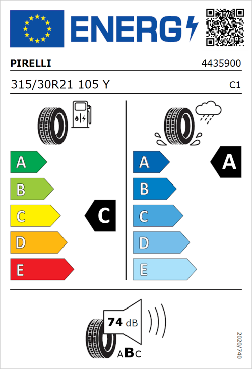Tyre Label for Pirelli P Zero R 315/30R21 105Y
