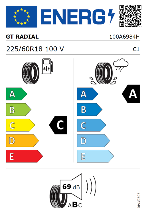 Tyre Label for GT Radial FE2 Evo 225/60R18 100V