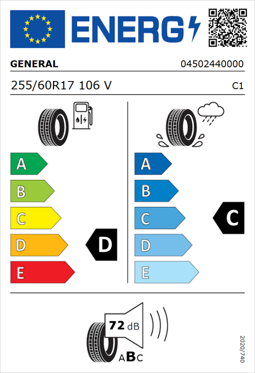 Tyre Label for General Grabber GT 255/60R17 106V