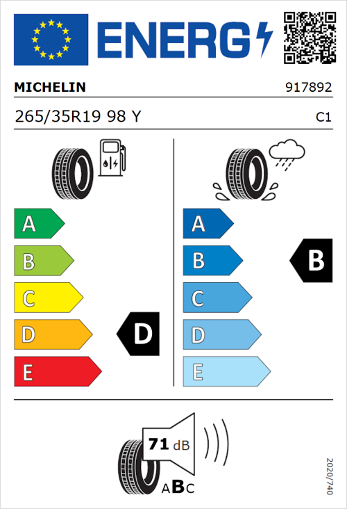 Tyre Label for Michelin Pilot Sport 3 265/35R19 98Y