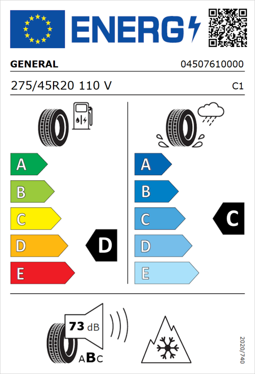 Tyre Label for General Snow Grabber Plus 275/45R20 110V
